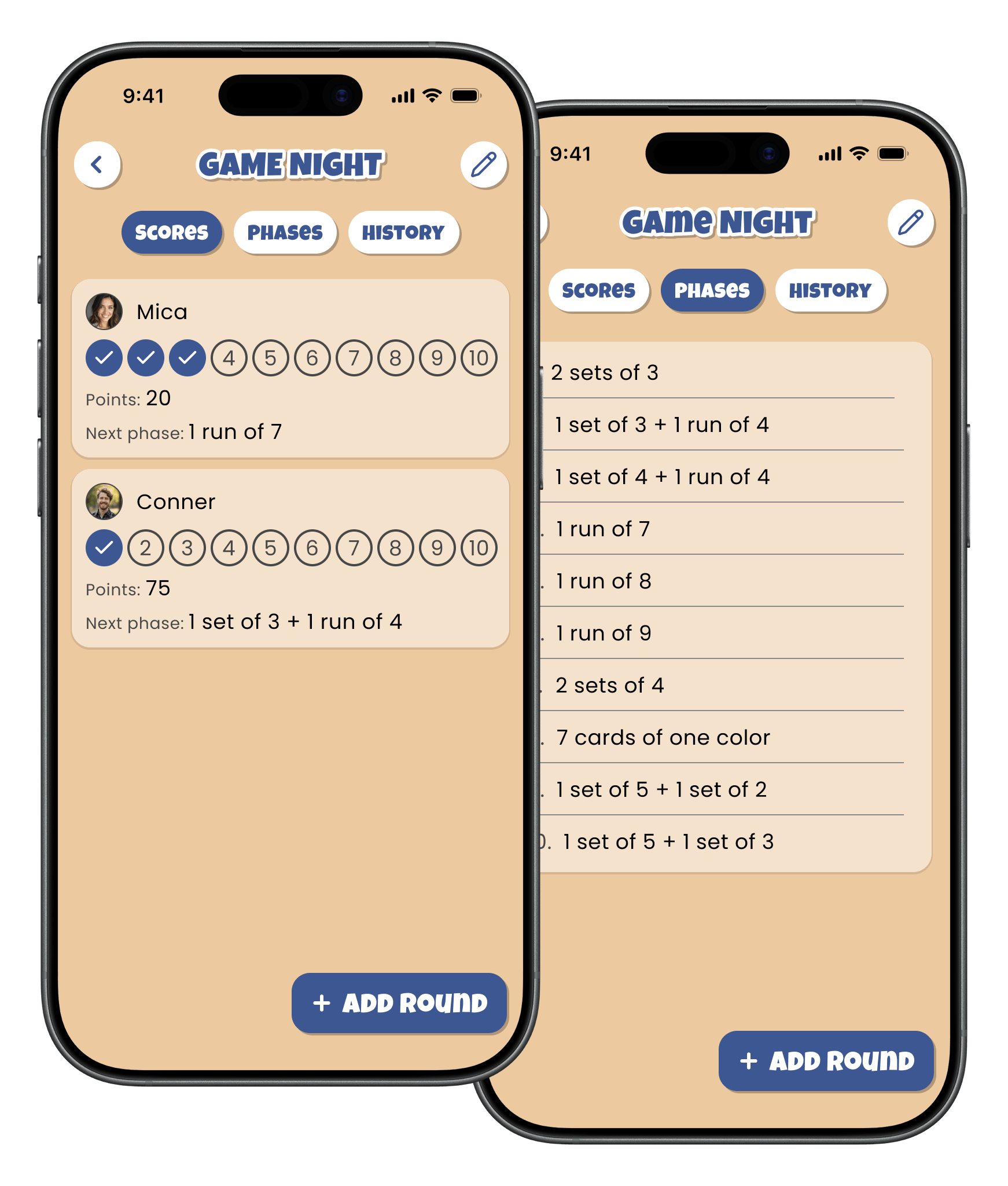Different screens from the app shown on two phones